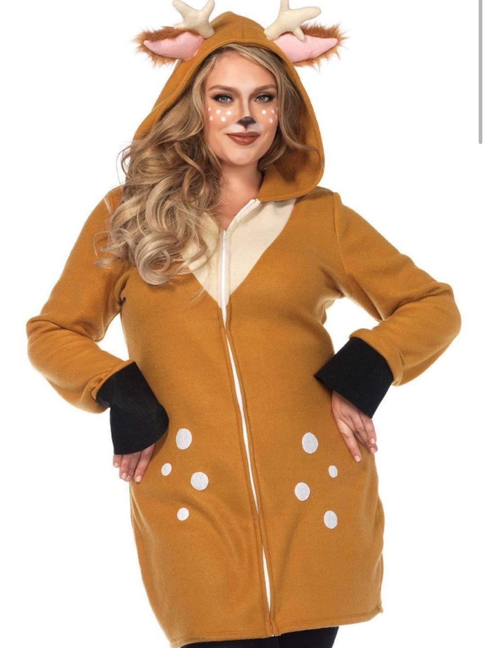 Plus Size Deer Hoodie Coat - Camel Brown with Cream Accents